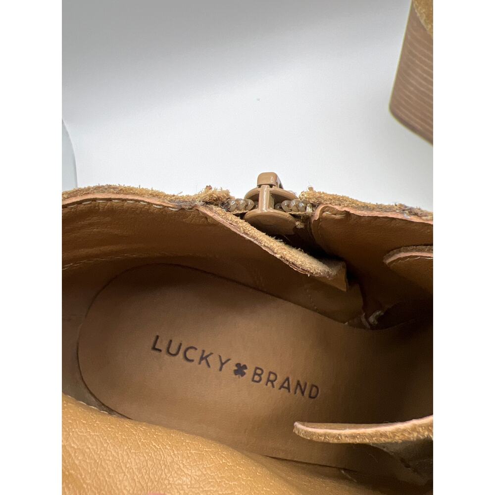 Lucky Brand Shylow Suede Wedge Booties Tan Lace Up Side Zip Boots Women 7.5 - Picture 3 of 7